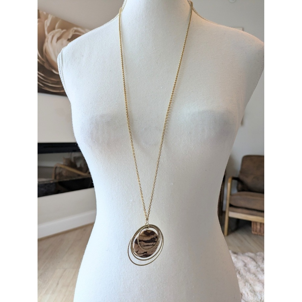 Long Leopard Pendant Necklace Gold Tone Earthy Brown Circular Discs Boho 32in